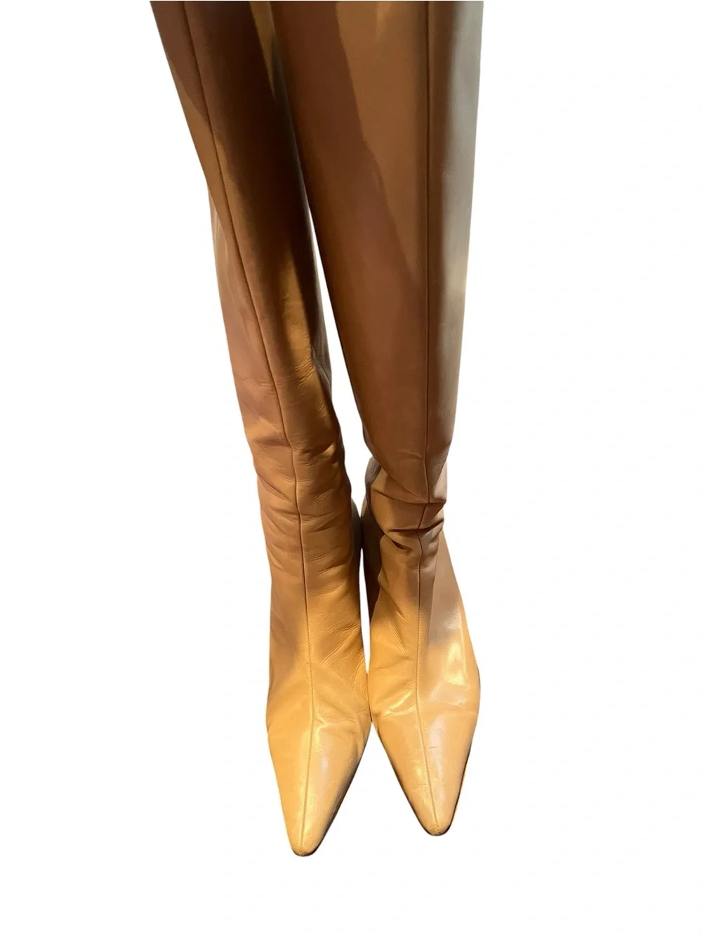 Manolo Blahnik Camel Pointed-Toe Over-the-Knee Leather Boots